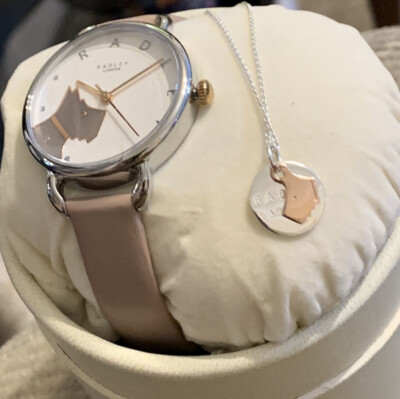 BNIB Radley Pale Pink Leather Strap Watch and Silver Necklace Gift Set NEW!