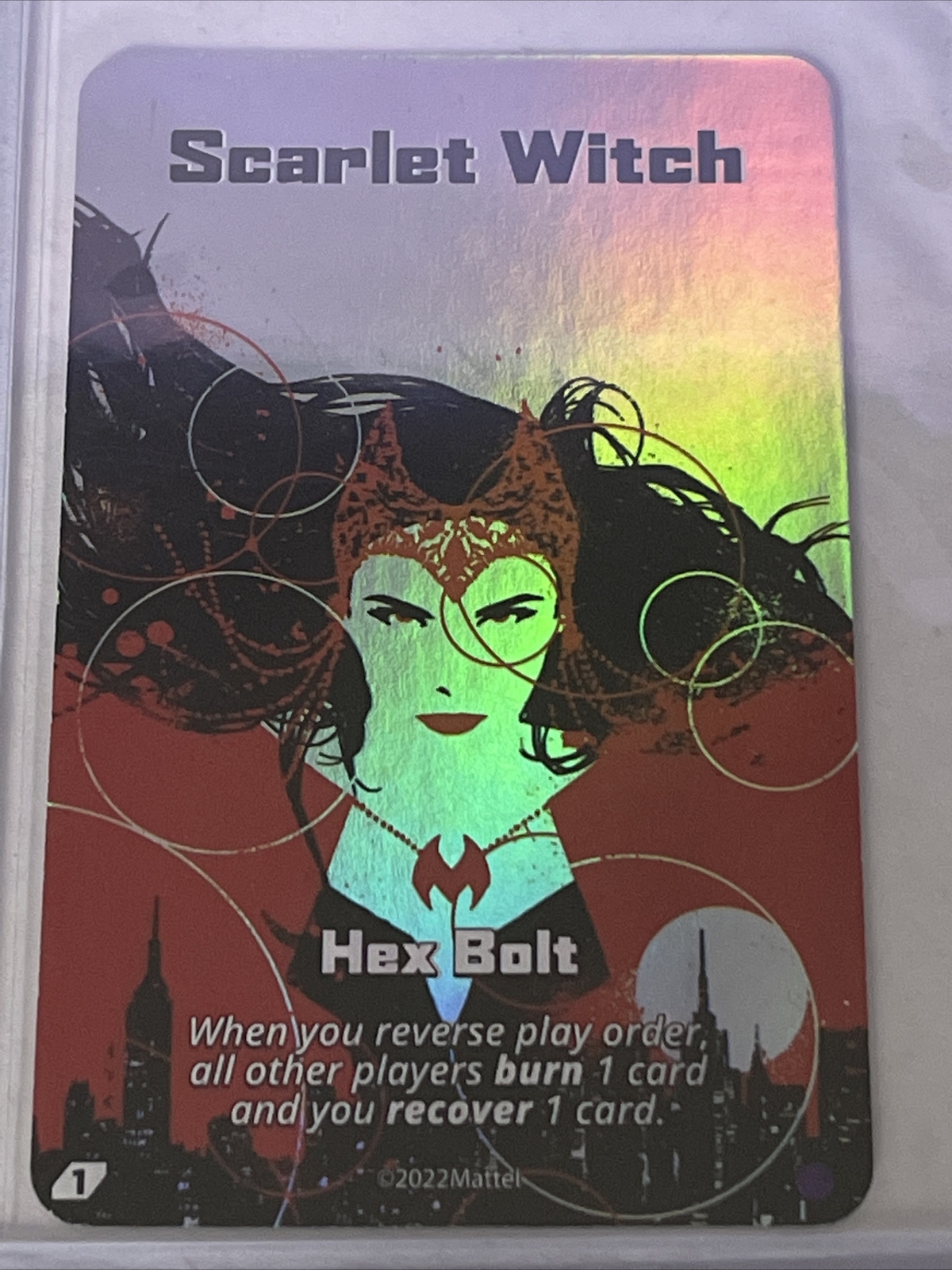 UNO ULTIMATE MARVEL SCARLET WITCH HEX BOLT FULL HOLO CHASE FOIL SUPER RARE 🔥