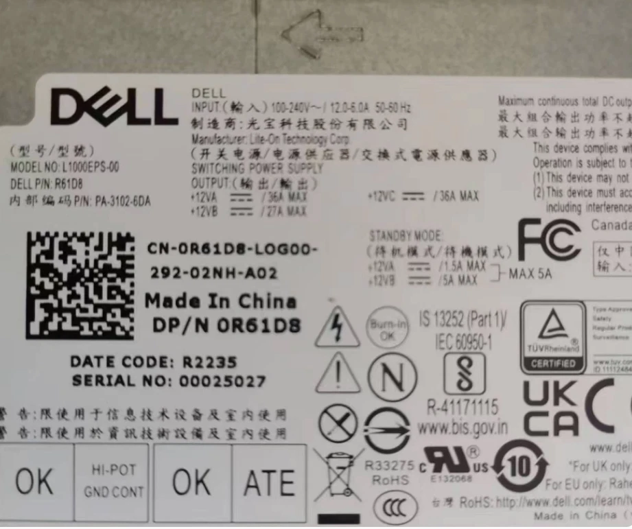 DELL Alienware R13 R14 XPS 8950 T3660 1000W PSU RD0G0 R61D8 43YPM L1000EPS-00 8Y - Image 2 of 4