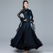 Latin Ballroom Dance Dress Modern Salsa Waltz Standard Long Dress J074 Navy blue