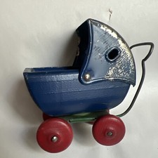 Antique Mini WYANDOTTE Tin  Wood Blue Toy Doll Stroller Buggy 4" Tall  HB5
