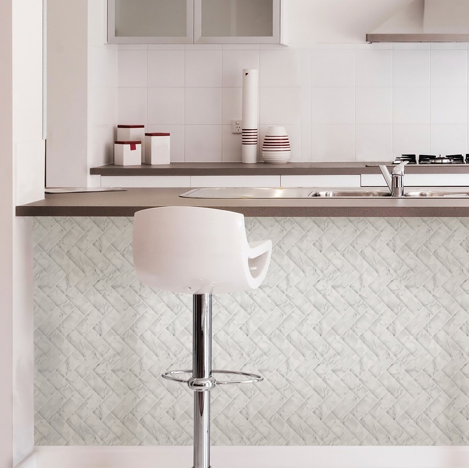 NH2358 Herringbone Carrara Peel Stick Backsplash Tiles, White & Off