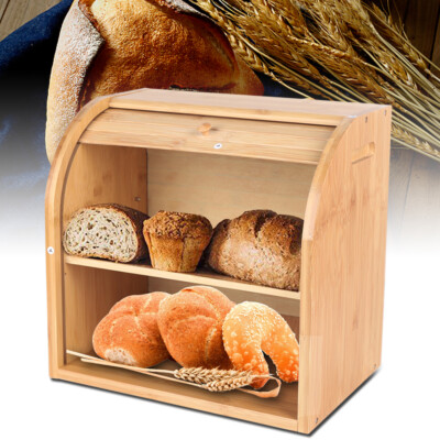 2-Layer Bread Box Bread Keeper Bamboo Wood With Lid Kitchen Storage Containers