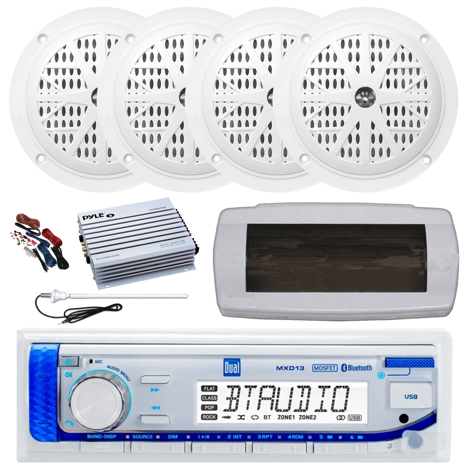 Dual Bluetooth Marine Radio Kit with Cover, Antenna, Amp & 4x 4” 100W White Speakers