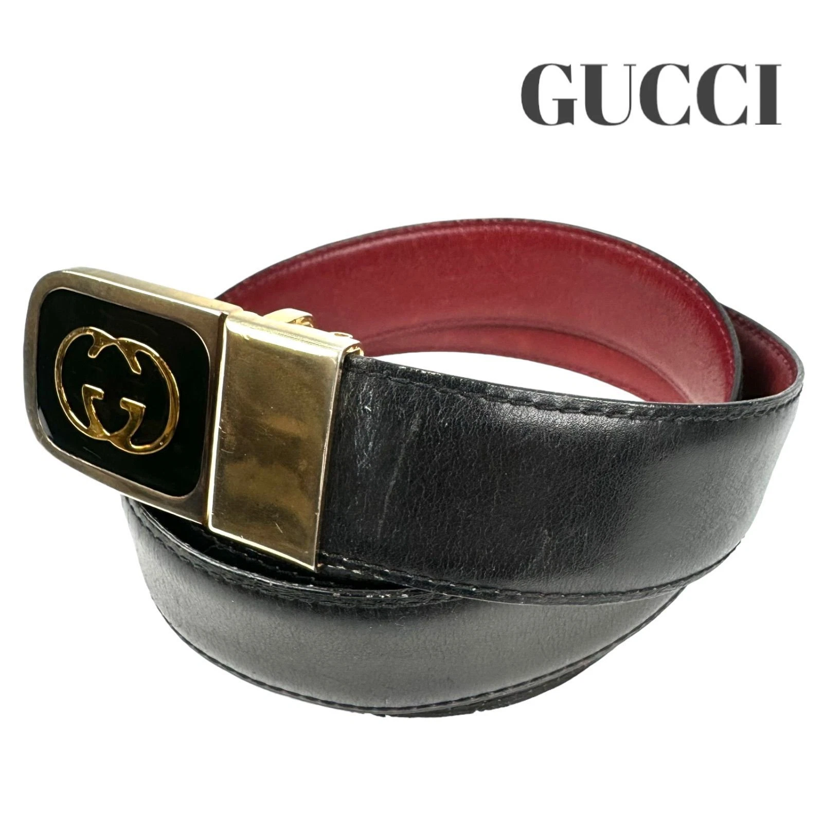 Ceinture femme GUCCI boucle imbriquée cuir noir/rouge rang AB avec étiquette