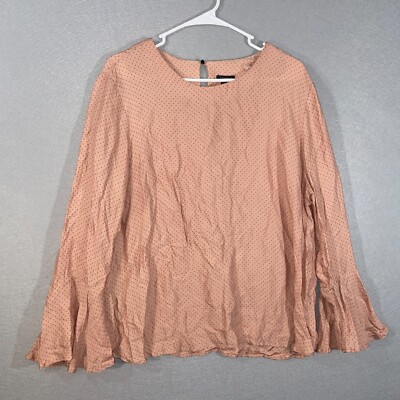 Ann Taylor Top Womens XL Pink Polka Dot Key Hole RoundNeck Poet Sleeve Casual