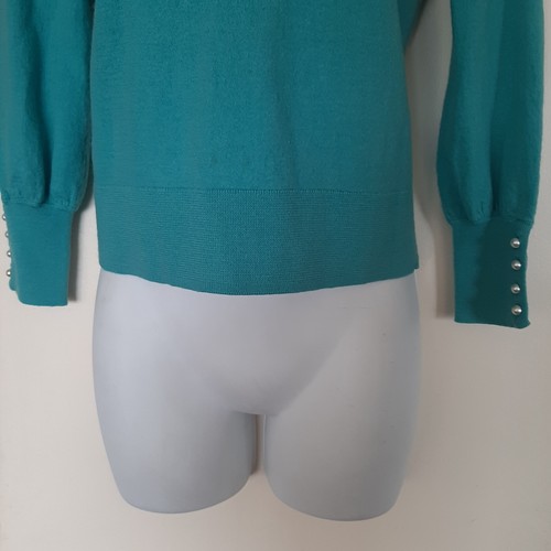 Talbots Merino Wool Green Crew Neck Sweater PM Pearl Buttons Keyhole Back - Picture 4 of 7