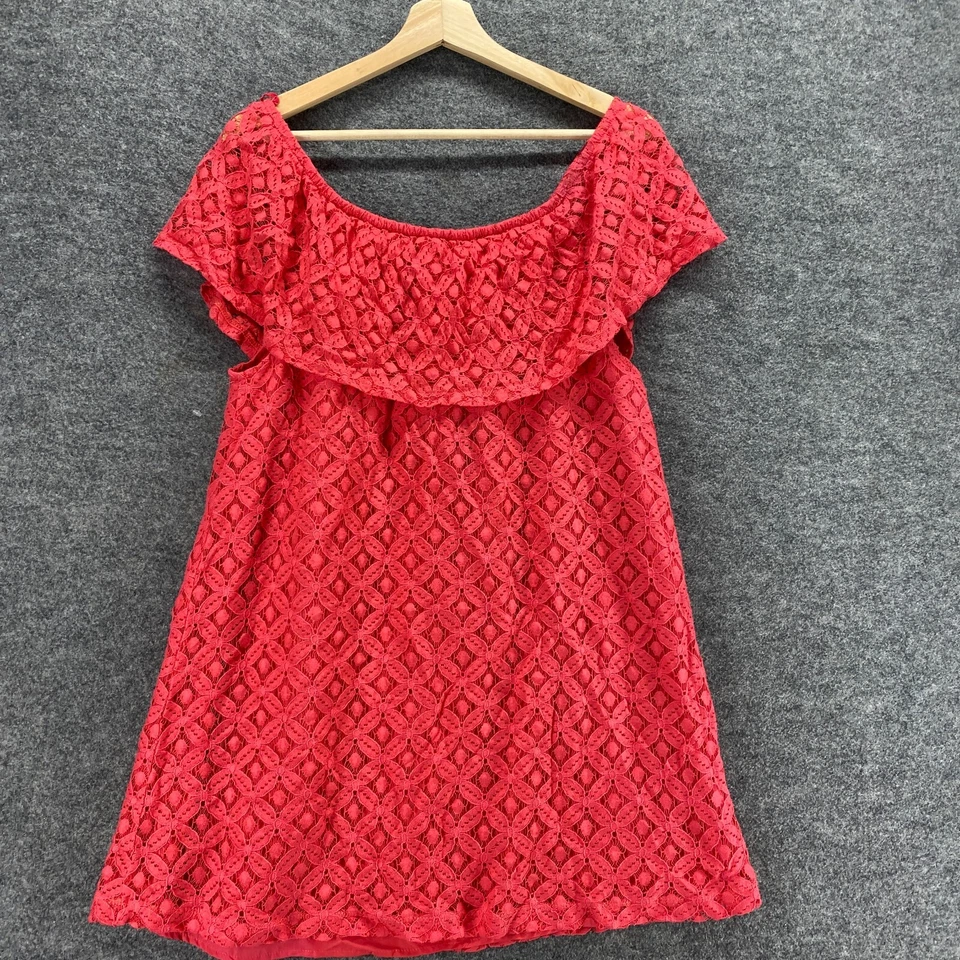 Vestido feminino BB Dakota G grande vermelho geométrico crochê shift curto forrado de algodão - Imagem 2 de 4