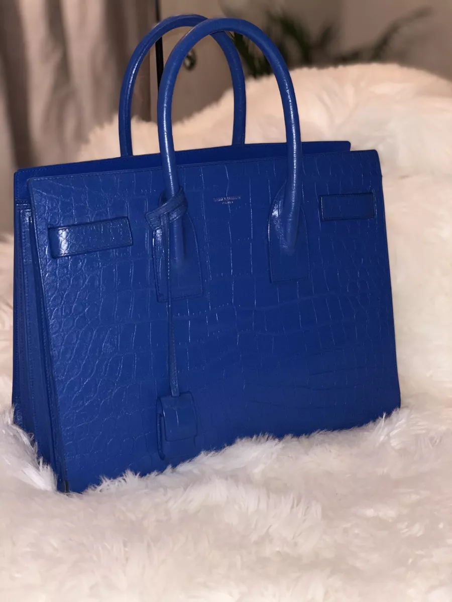 SAINT LAURENT Crocodile Embossed Calfskin Sac De Jour Royal Blue GORGEOUS!!!