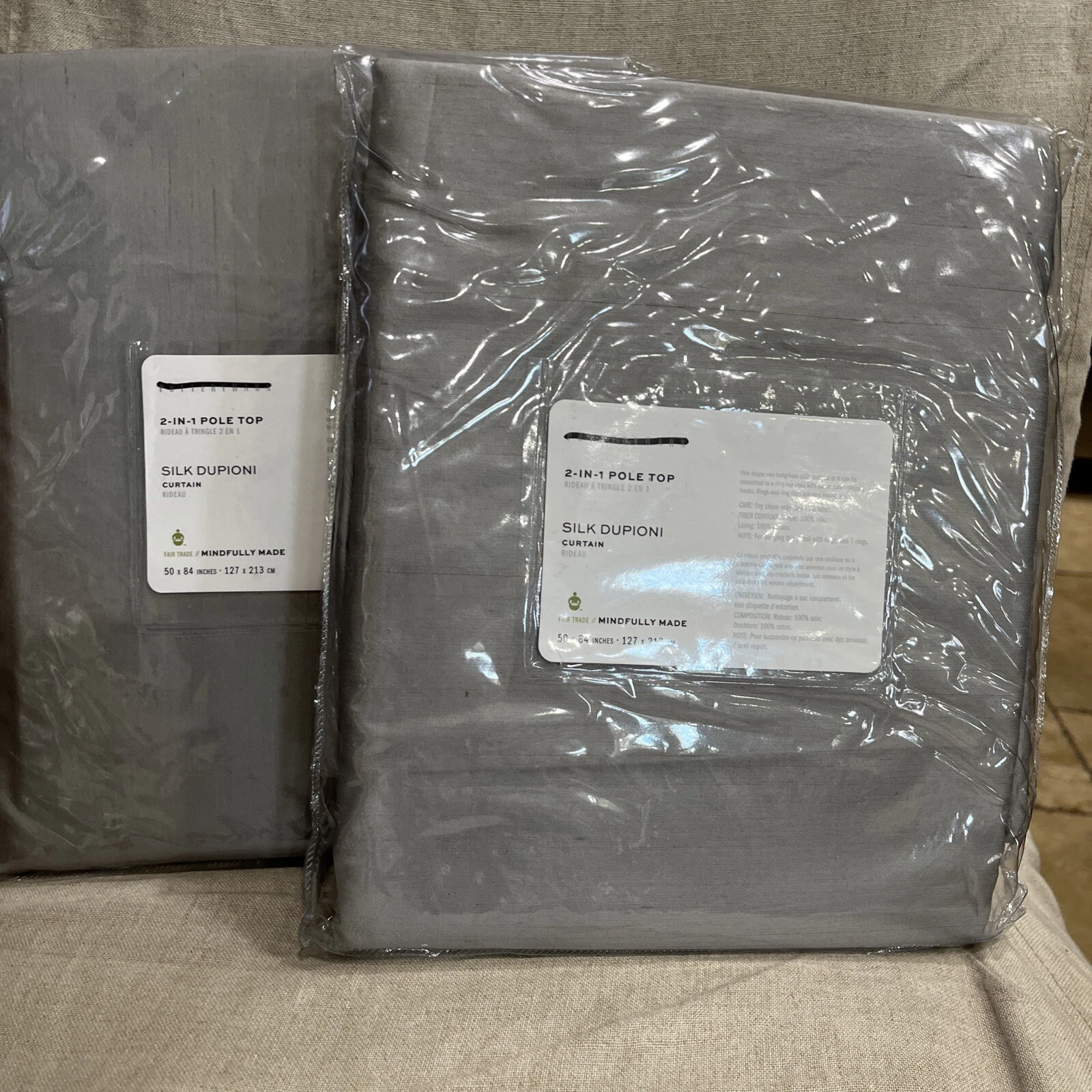 Pottery Barn Silk Platinum Gray Drapes 50x84" cotton lining S/2