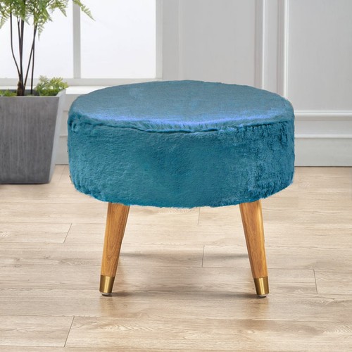 Modern Oval Faux Fur Ottoman Plush Padded Pouf w/ Wood Legs for Cozy Home Decor - Picture 64 of 80