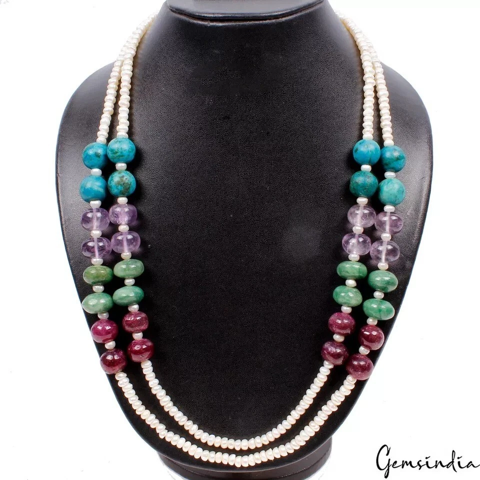 715 CT Naturel Multi Couleur Gemmes Rond Perlé Double Strand Fait à la Main - Photo 1/4