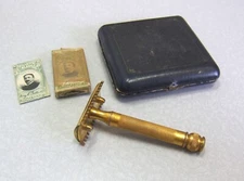 Vintage 1920's Old Type Gold Gillette Cigarette DE Safety Razor Set in Case
