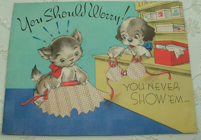 2 Images- Girl Cat, TULLE, NET, Bra, Slip -1930's Vintage Birthday Greeting Card