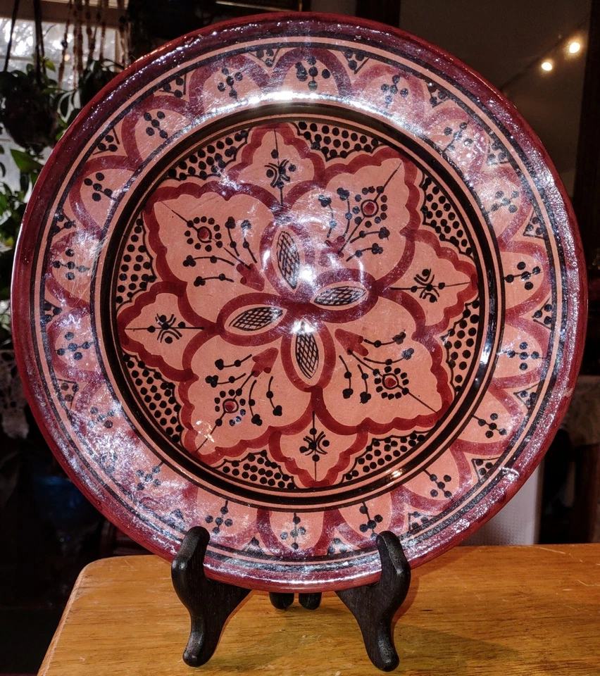 Morroccan Bowl/Plate Red Clay Ceramic Hand Made Hand Painted 10" Signed Vintage - Image 4 of 4