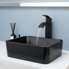 US Black Bathroom Sink Rectangle Ceramic Basin Waterfall Mixer Deck Mounted Taps