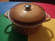 Vintage MCM Enamelware Pot Floral Brown Beige Design with Handles and Lid