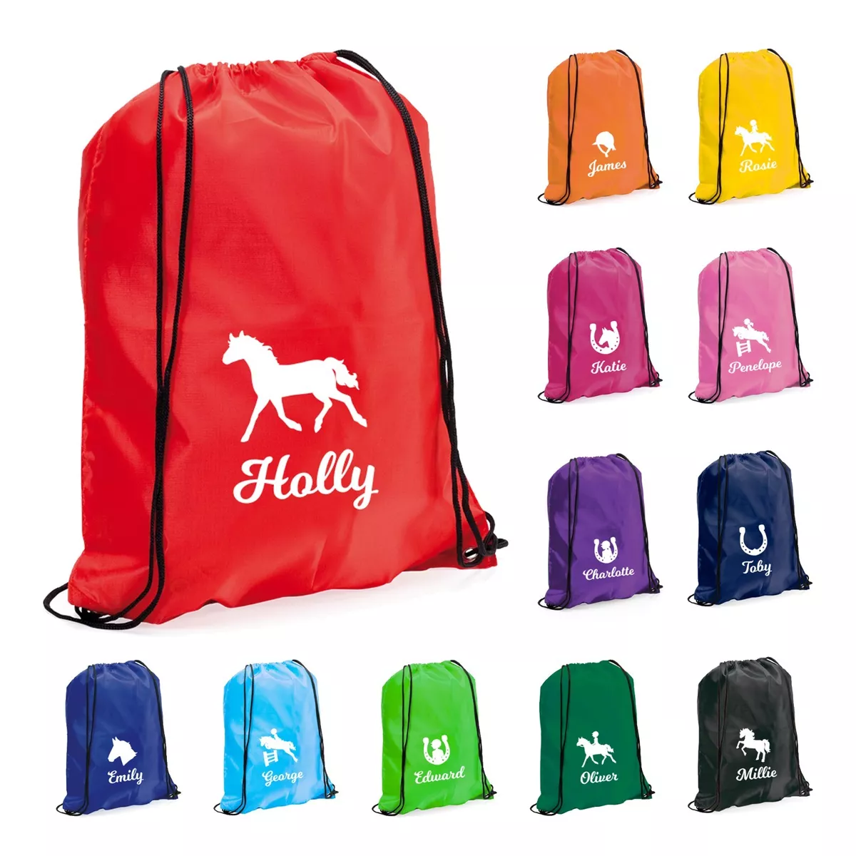 Personalised Name u0026 Horse Silhouette Drawstring Bag Horse Riding Lessons  Kit Bag | eBay