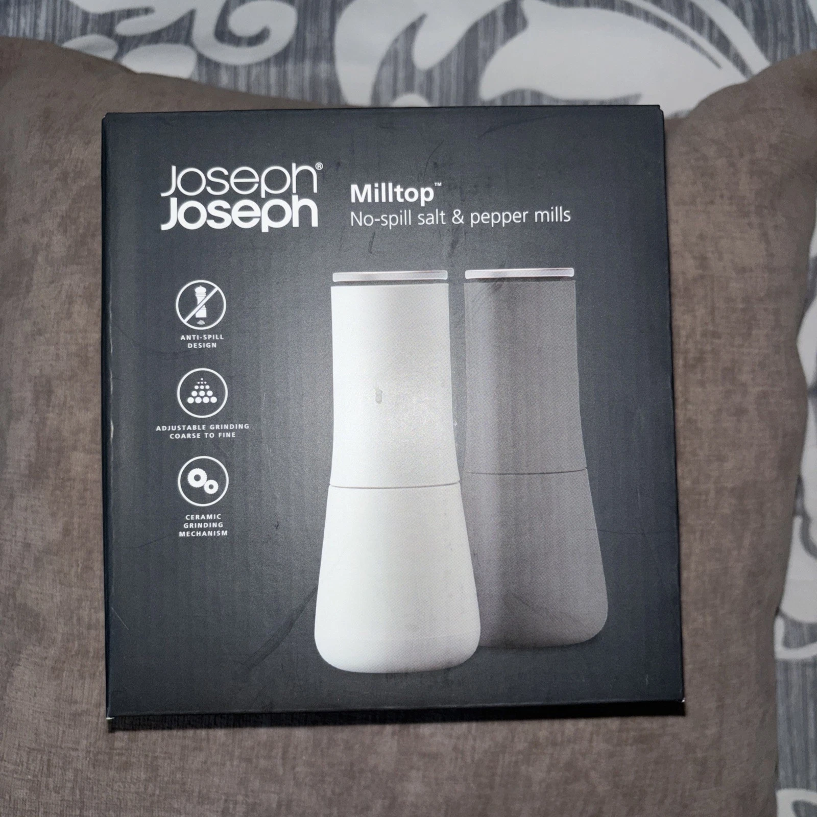 Joseph Joseph Milltop No-Spill Salt & Pepper Mill Set - 2pc Set - New in Box FS