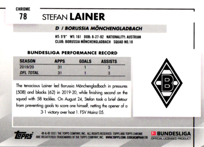 2020-21 Topps Chrome Bundesliga Sapphire Edition Stefan Lainer #78 Rookie RC - Image 3 of 3