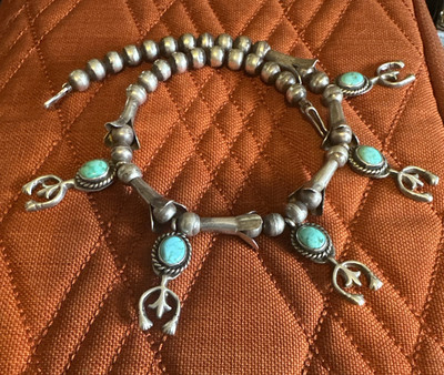 Vintage Native American Navajo Aqua Turquoise Naja Charms Necklace 15  Beaded