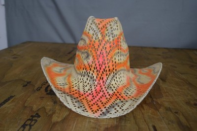 Western Cowboy Hat Woven Straw Mesh Vent Pattern Orange Beige Snap Back Mens