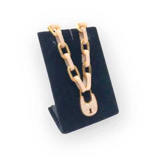 Michael Kors Gold & Pink Acrylic Chain Necklace w/ Rose Gold Rhinestone Padlock - Picture 4 of 4