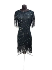 Babeyond 1920s Flapper Women’s Dress Black Sequin Beaded Fringe Gatsby Size M