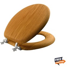 Mayfair Natural Oak Veneer Toilet Seat with Chrome Hinges, Round, Wood