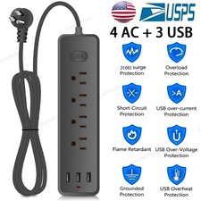 Wall Mountable USB Surge Protector Power Strip 3 USB Ports  4 Outlet Plugs USA