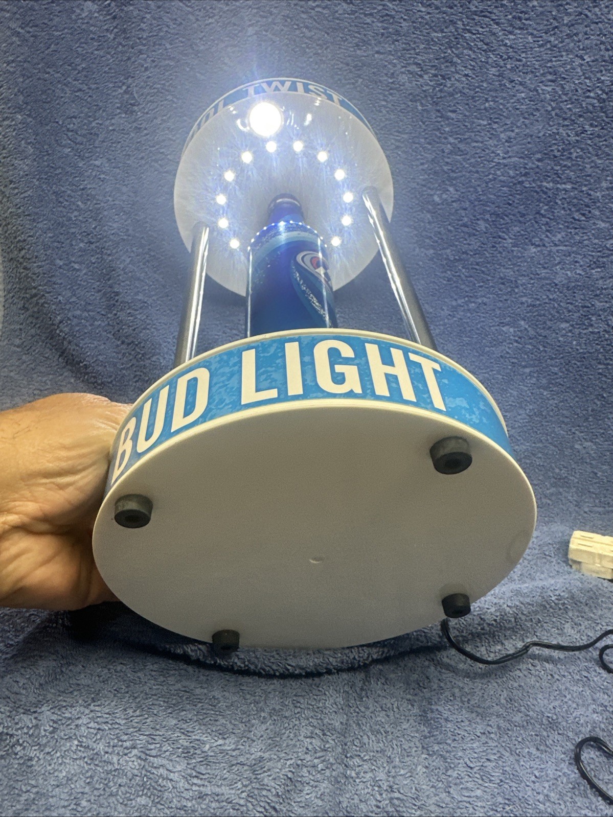 NIB BUD LIGHT BEER COOL TWIST FLOATING ALUMINUM BOTTLE LIGHT DISPLAY SIGN