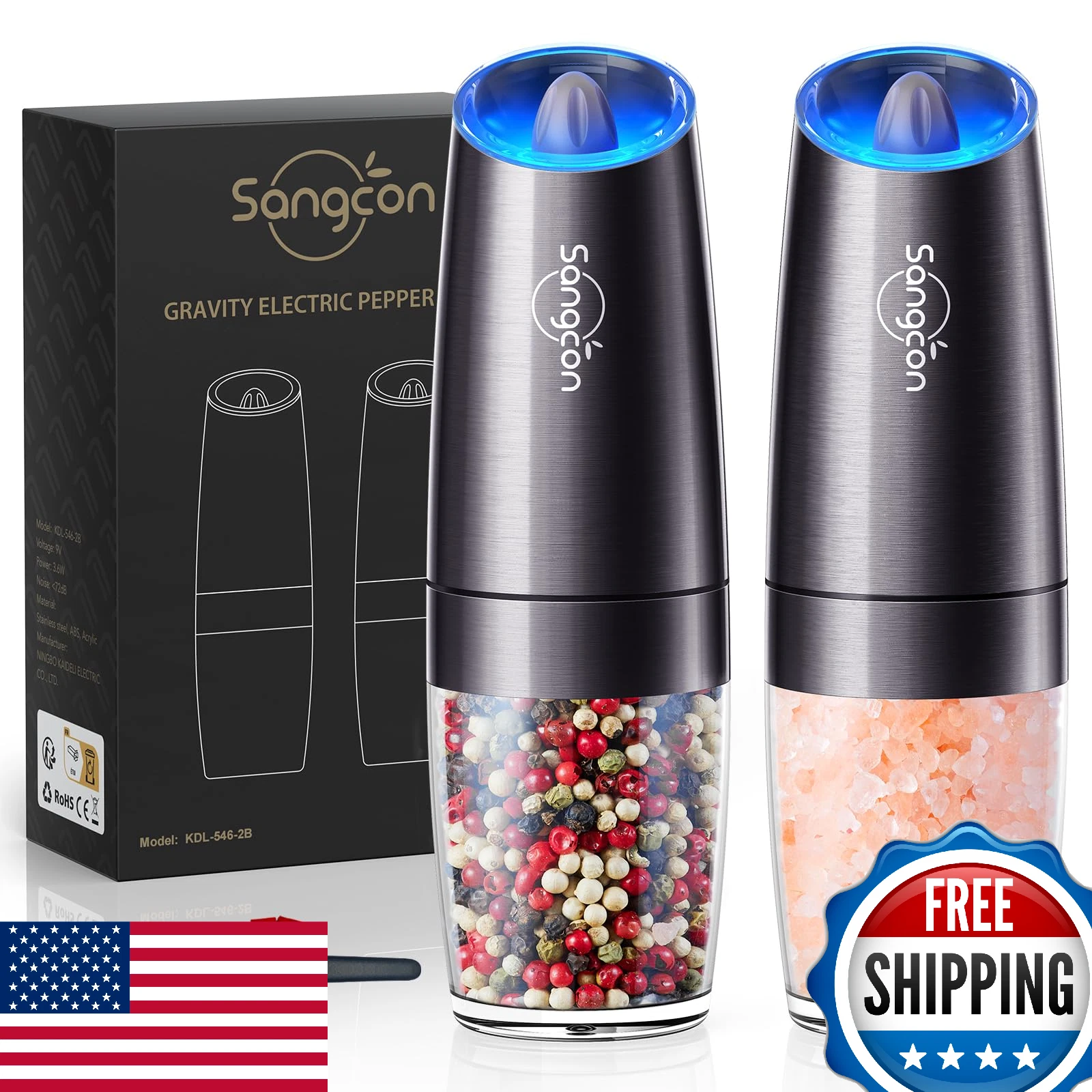 Sangcon Gravity Electric Salt & Pepper Grinder Set Auto Shaker Mill LED Adjustab
