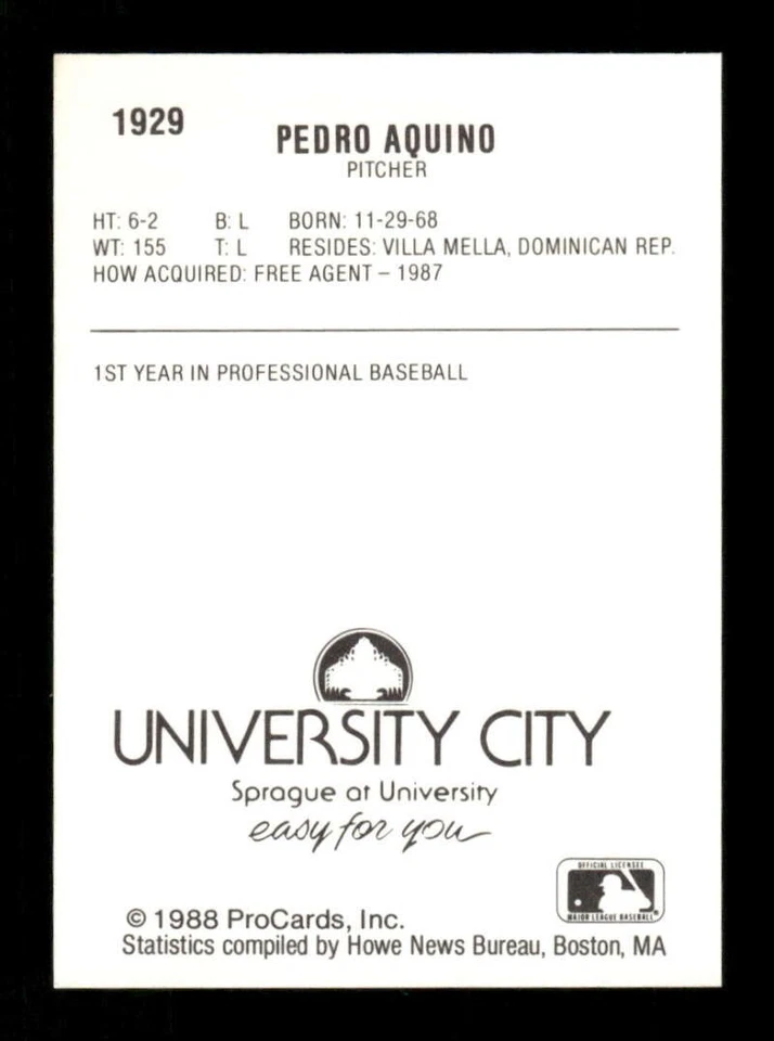 1988 Procards Spokane Indians 1929 Pedro Aquino BXCP53 - Image 2 of 2