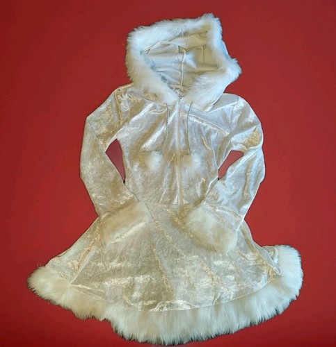 White Snow Bunny Dress Costume Cosplay Christmas Fuzzy Hood Trim Womens 6-8
