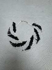Vintage Monochrome Black  White Beaded Collar Necklace Bib Fringe Statement 16  