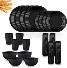 Dinnerware Sets, 32 Piece Wheat Straw Plates and Bowls Sets for 4, Plastic Plate