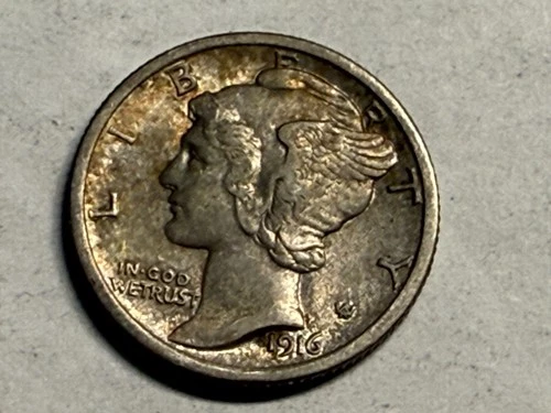 1916 MERCURY silver U.S. dime. Moderately toned very choice AU. #q1