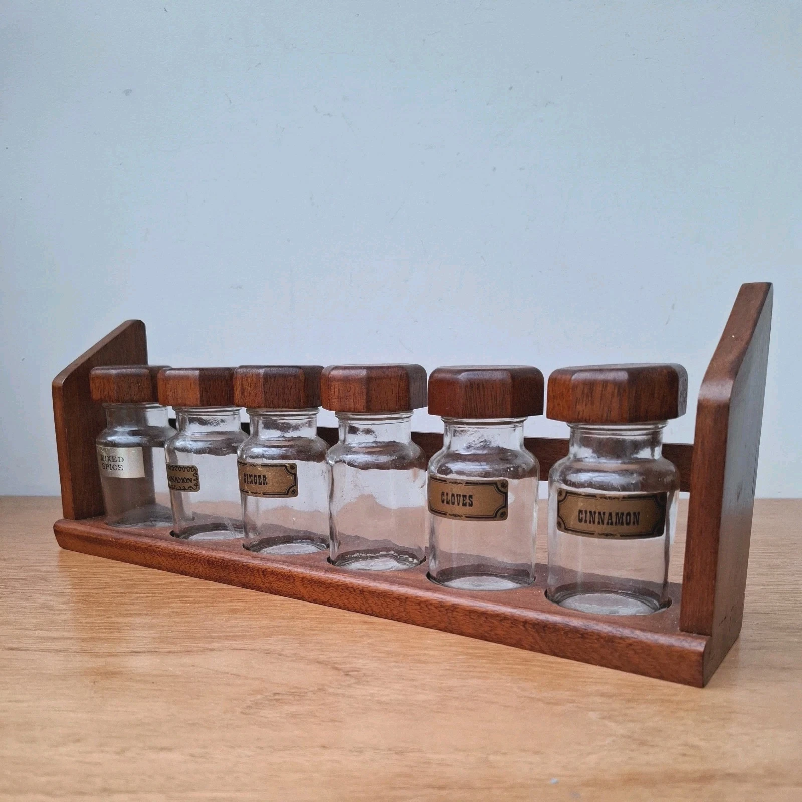 Vintage Retro Mid Century 50s 60s 70s Octagon Teak Wooden Spice Rack Glass Jars