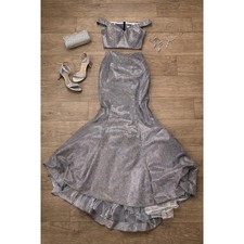Rachel Allan Silver Metallic Two Piece Mermaid Prom Dress Hand Beaded Size 8