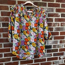 Umgee Floral Print Tunic Top Ruffle Detail Bohemian Blouse Women's L 70s retro