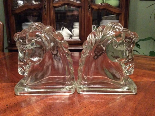 Vintage Federal Glass Clear Hollow Horse Head Book Ends Set of 2