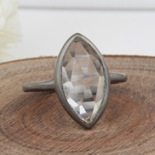 Clear Crystal Quartz Gemstone Ring 925 Silver Black Handmade Ring Jewelry