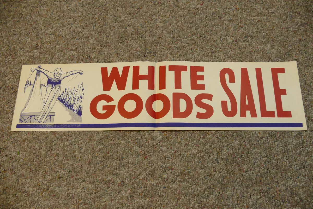 Vintage 1960s Clothing Store White Goods Sale Advertising Paper Banner Sign 27