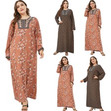 Islamic Robe Plus Size Women Embroidery Long Sleeve Maxi Dress Muslim Loose Gown