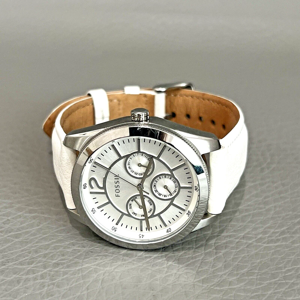 Fossil Watch Women White Genuine Leather Strap Round Face Silver Tone BQ1457