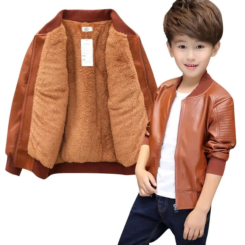 Boys Coats Winter Plus Velvet / No Velvet Warming Leather Jacket for 1-11Y Kids - Image 3 of 4