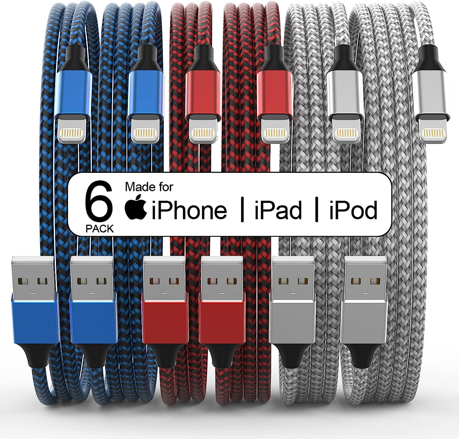 Apple Mfi Certified 6-Pack Nylon Braided Lightning Cable - Fast Charging-image