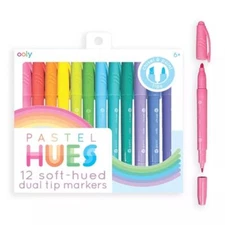 Pastel Hues Dual Tip Markers - Set of 12 Water Based Colored Markers Chisel T...