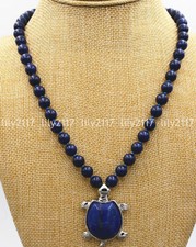 Natural 8mm blue Lapis Lazuli Gems Round beads Tortoise Pendant Necklace 18''