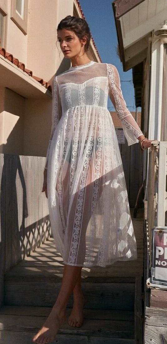 White sheer shop long sleeve dress